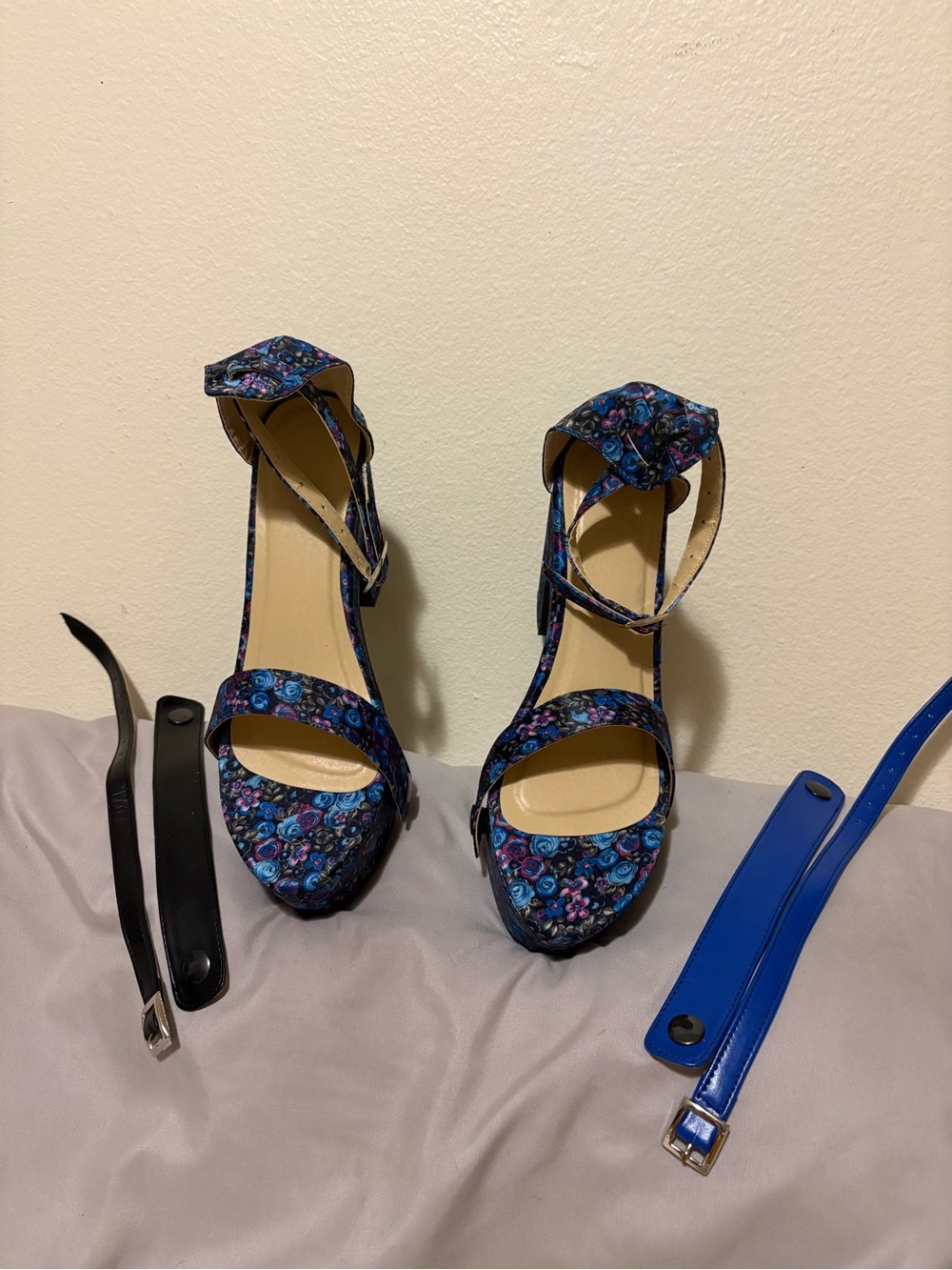 Blue Floral Ankle-Strap Platform Heels with Buckle